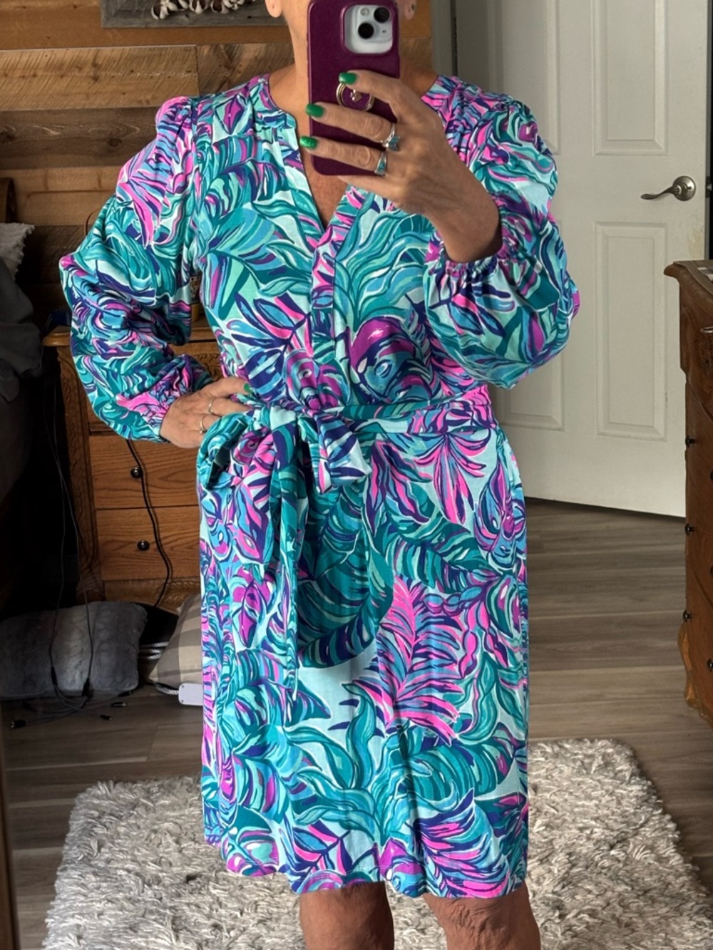 Lilly Pulitzer Tropical Print Belted Dress - Teal & Pink. Size L